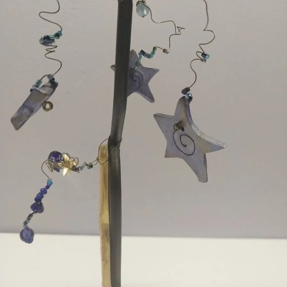 Handmade Celestial Moon Star Pillar Candle Holder Beaded Metal Wood Art 8.5